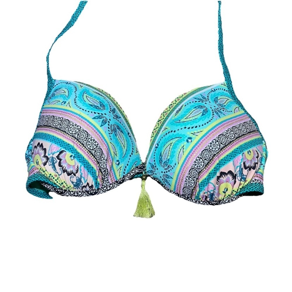 Shade & Shore 36C Bikini Top Tie Back Beaded Tassel Paisley Turquoise Festival